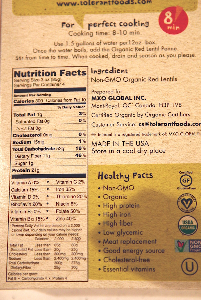 Tolerant Organic Red Lentil Penne Pasta Nutrition Facts