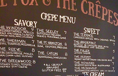 The Savory and Sweet Menu at The Fox and The Crepes as of February 2016